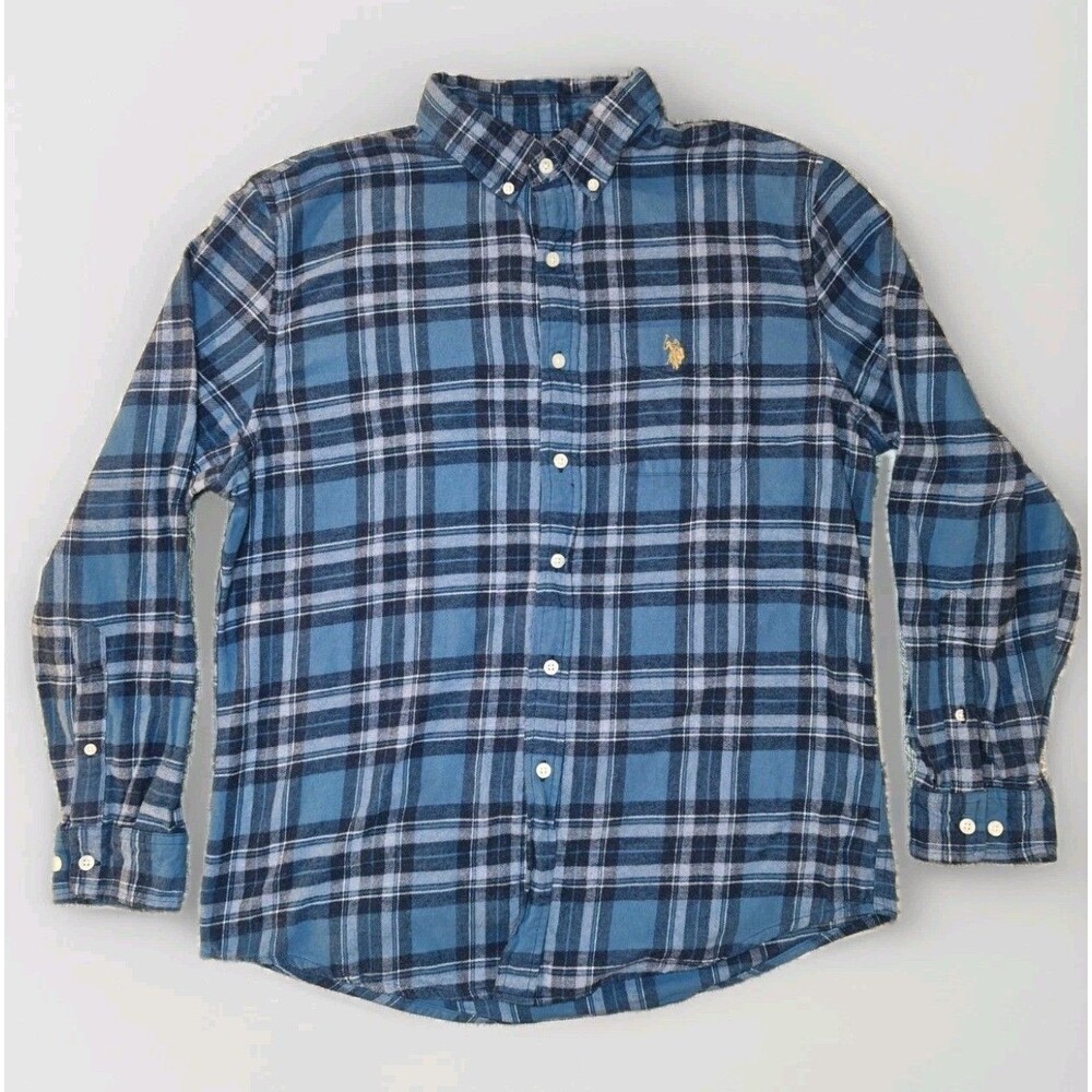 U S. Polo ASSN Men's Woven Blue Plaid Shirt - Long Sleeve Button Down Size Large
